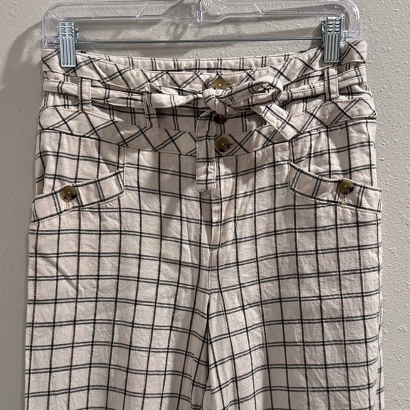 Anthropologie Size 2 Cream Black Windowpane Wide Leg Trouser Pants Linen Blend - Picture 3 of 7